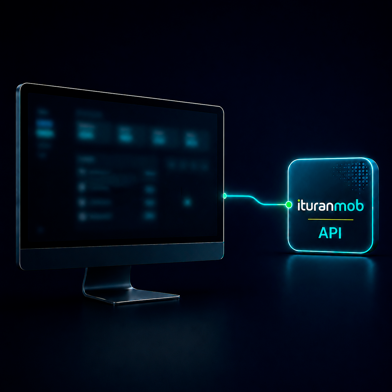 A reservation system on a desktop screen connected by a glowing line to the IturanMob API.
