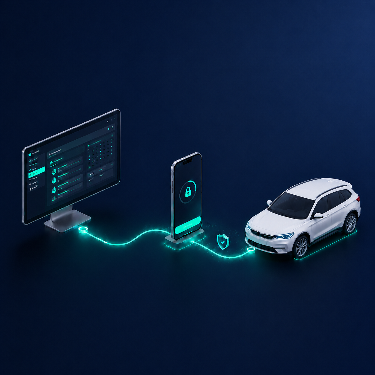 An operator's dashboard sends a digital key to a customer's phone, which unlocks the car. A glowing line connects all three.